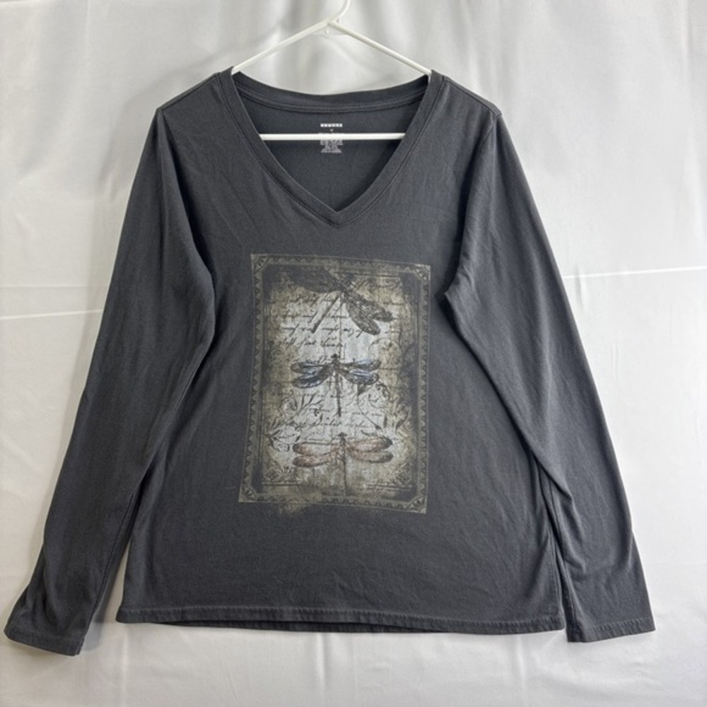 Dragonflies Document‎ V Neck Shirt  Women's Medium Black Long Sleeve